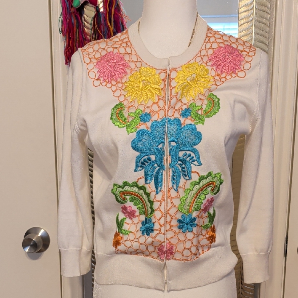 Lilly Pulitzer White Cardigan with Colorful Floral Embroidery